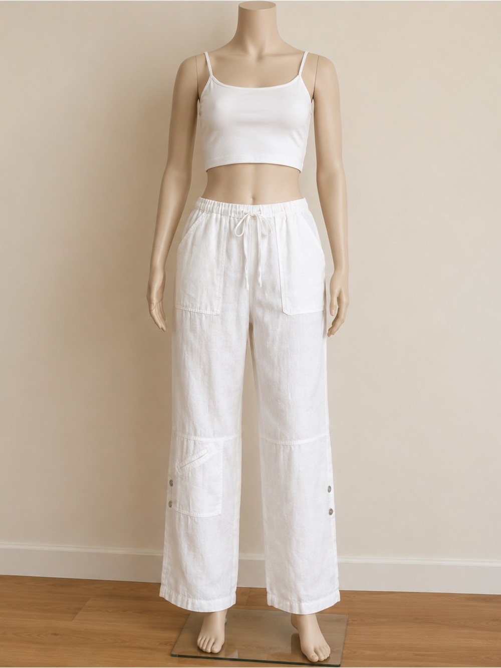 Chico’s Size 3 (16/18) 100% Linen Drawstring Wide Leg Pants White - Picture 2 of 10